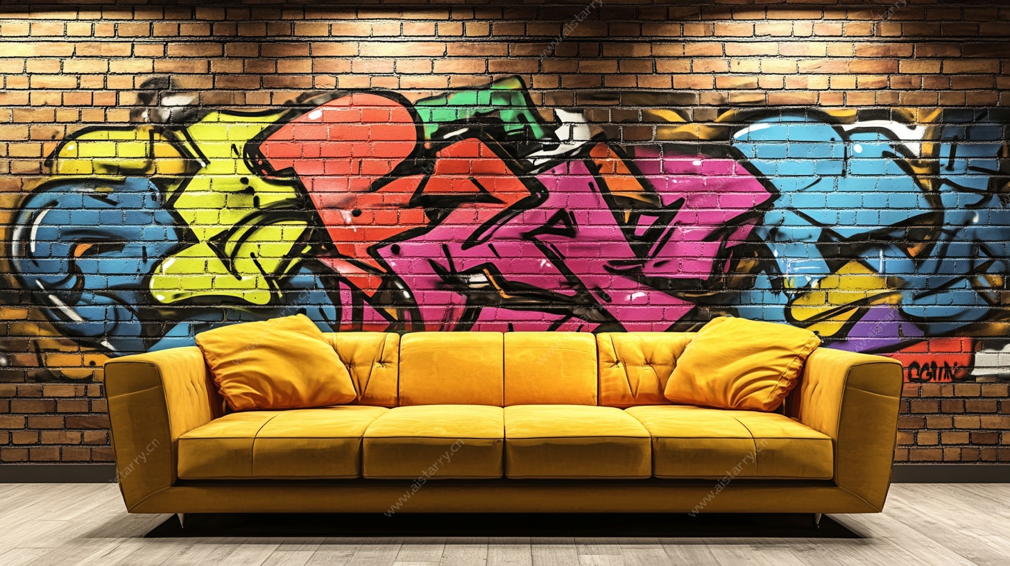 涂鸦墙前的黄色舒适沙发