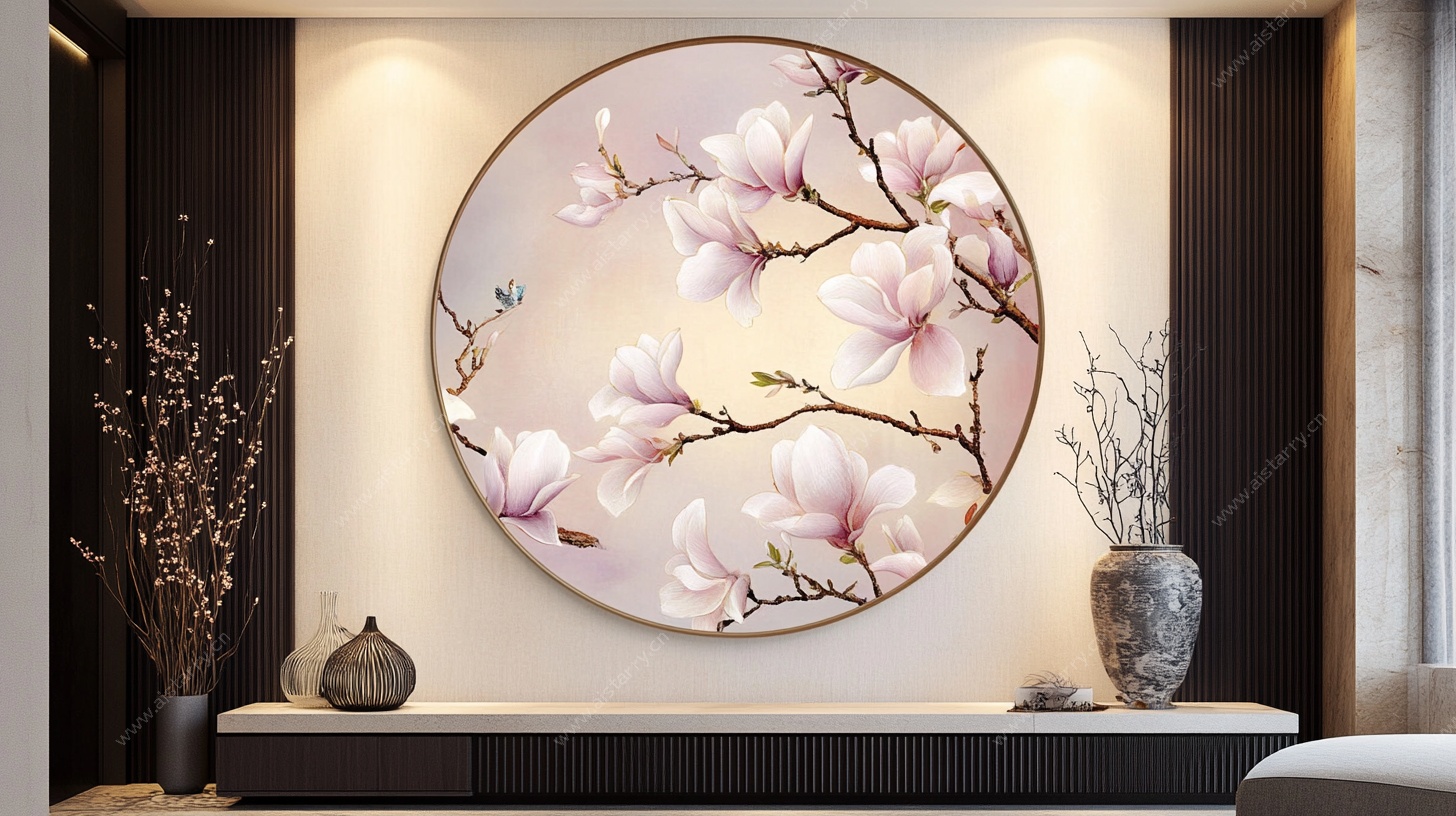 中式客厅圆形玉兰花装饰画