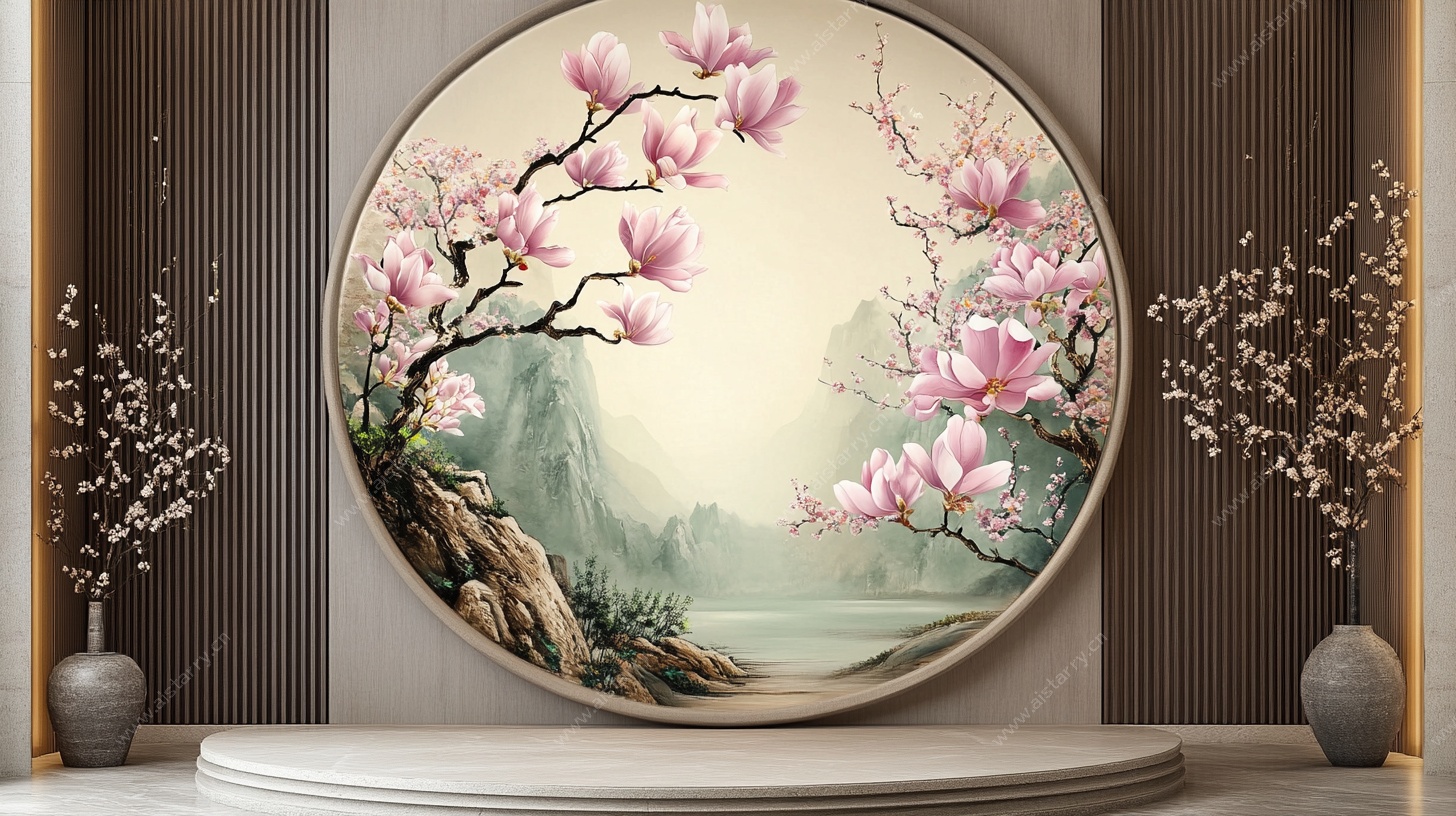 中式圆形玉兰花装饰画
