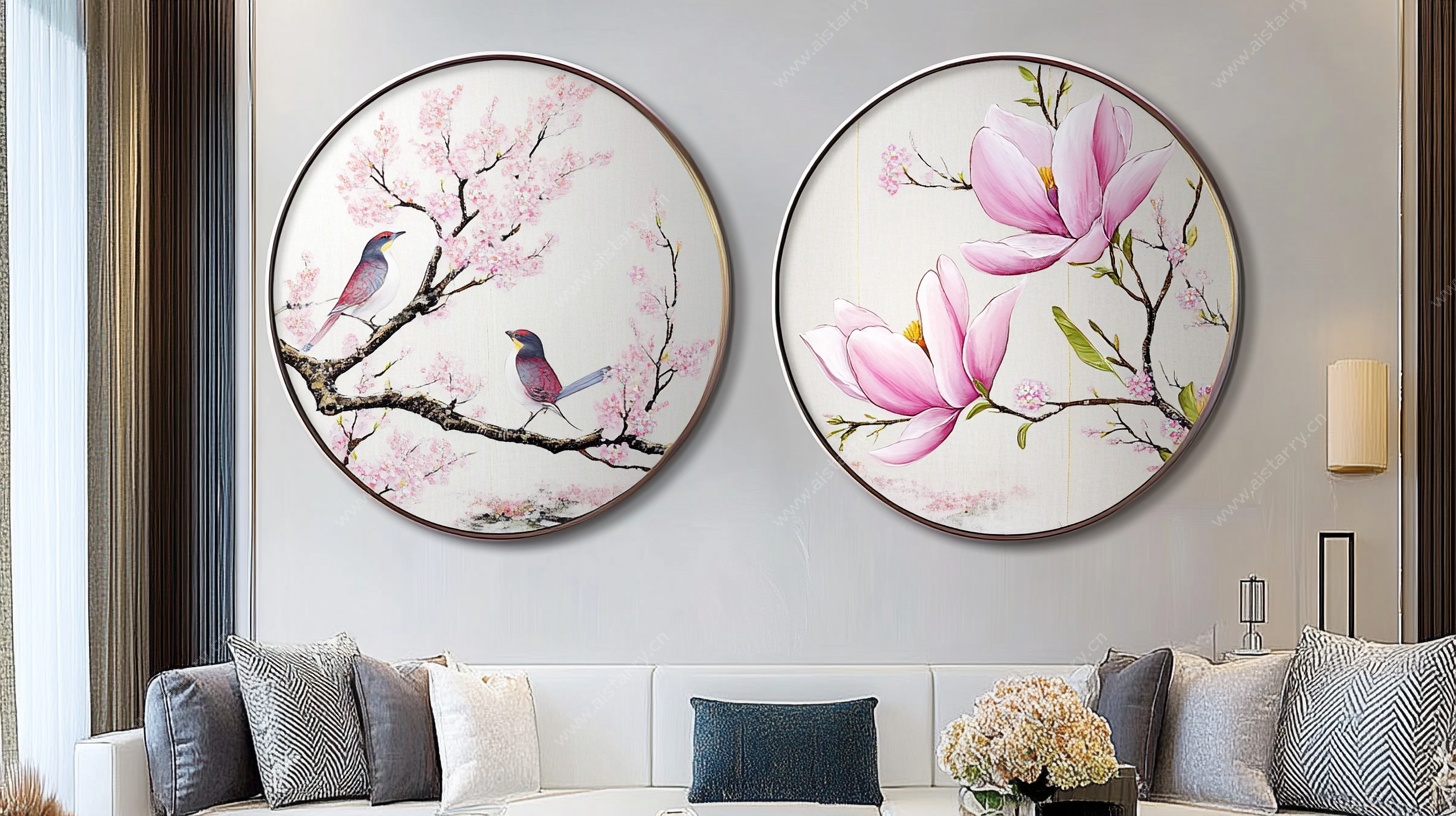 圆形花鸟装饰画 客厅风