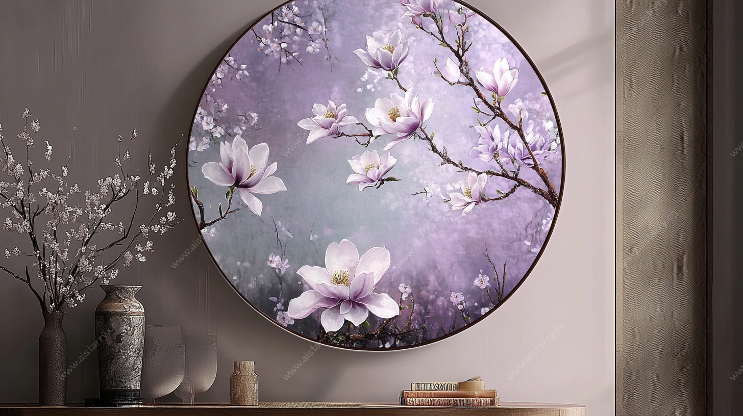 圆形紫调玉兰花装饰画
