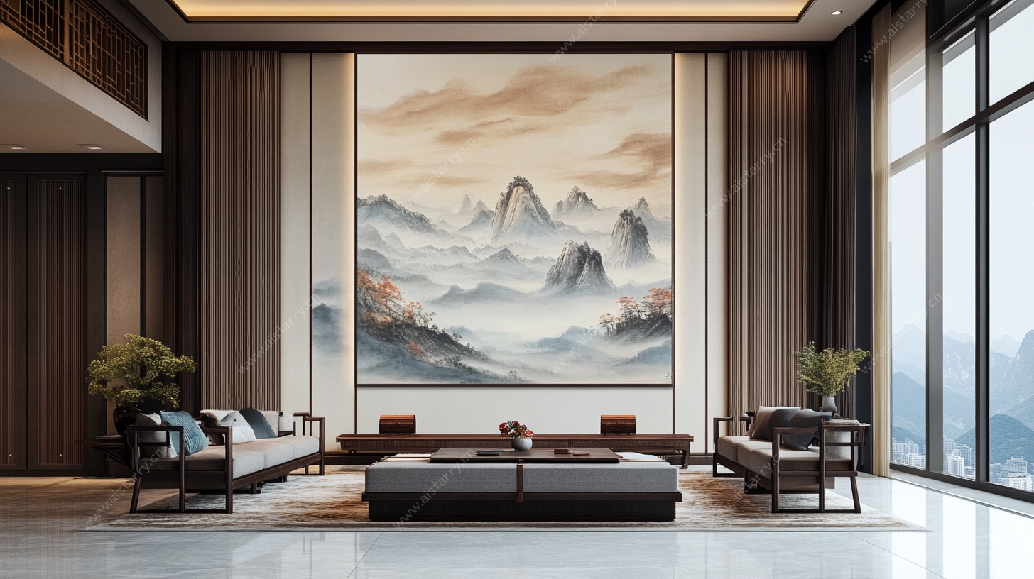 中式客厅山水壁画装饰