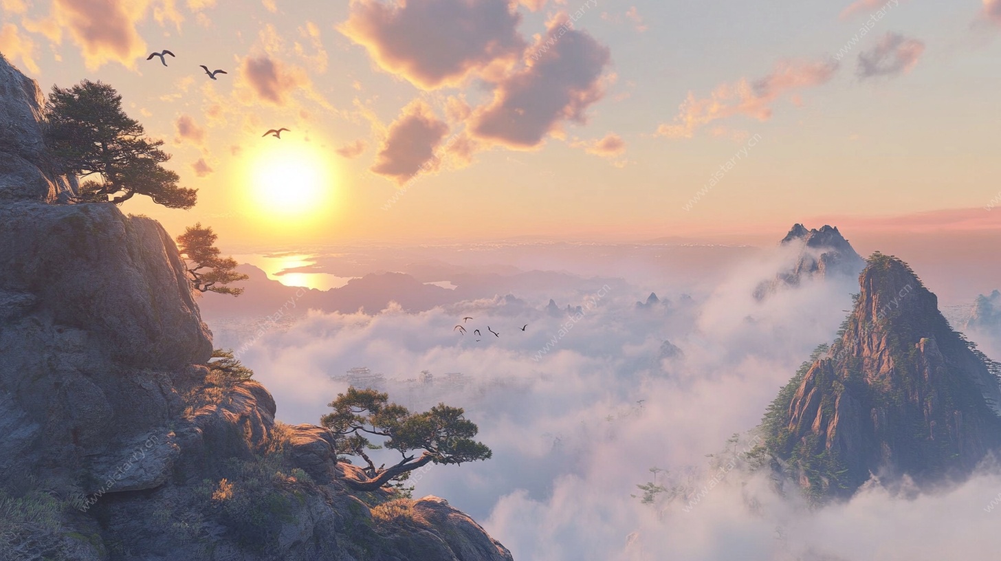 日出云海间的壮丽山景