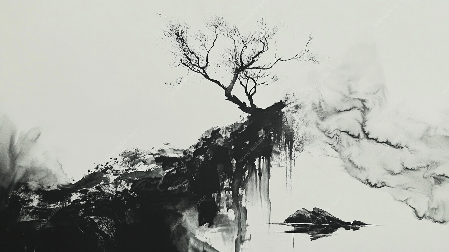 水墨孤树图