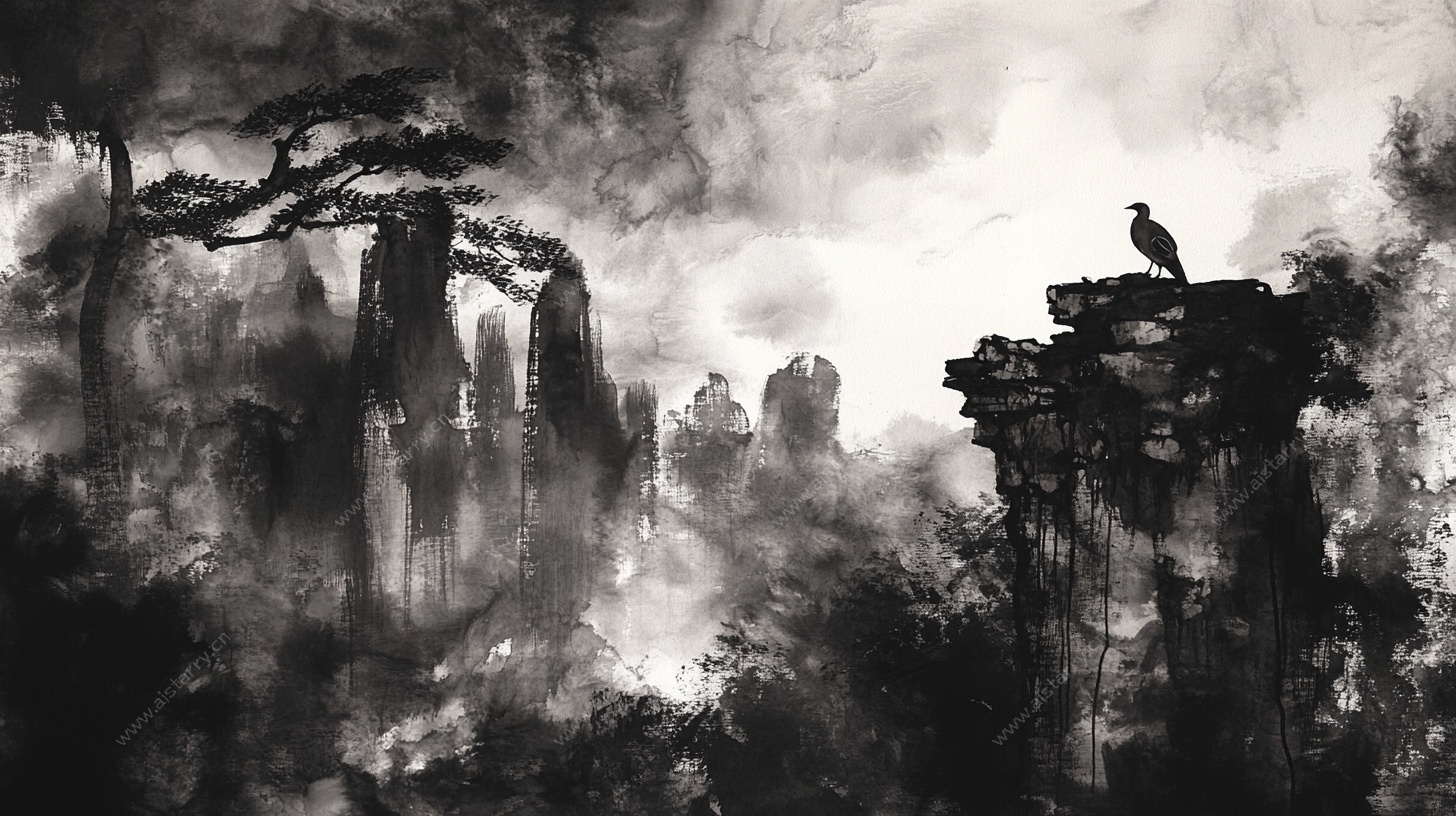 水墨山水间的孤鸟之境
