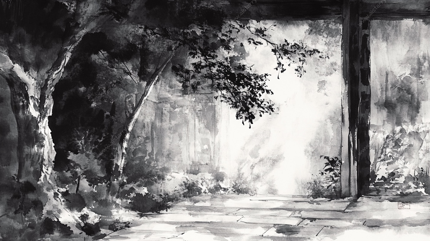 水墨风林间光影通道