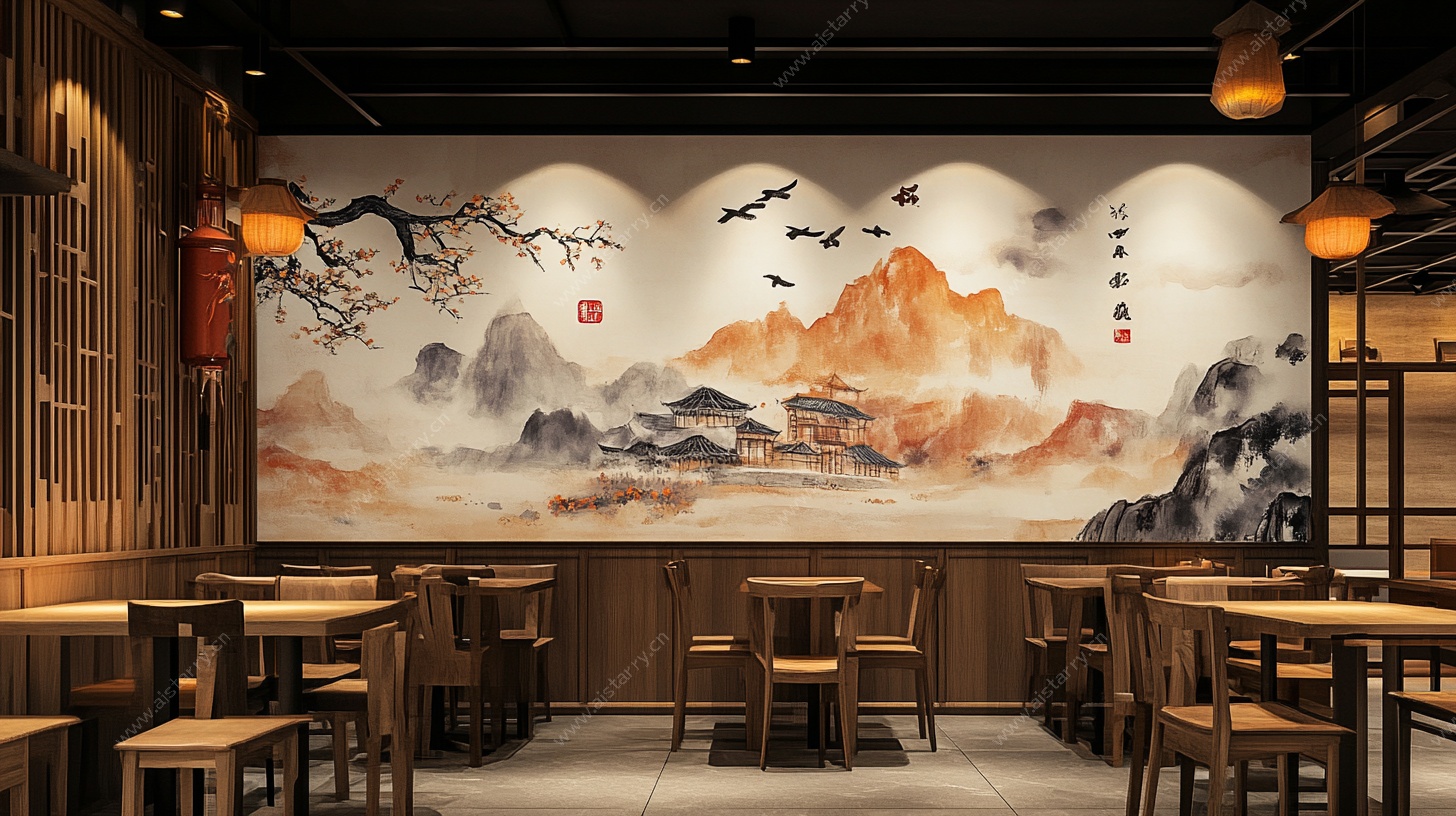 中式餐厅山水壁画装饰场景