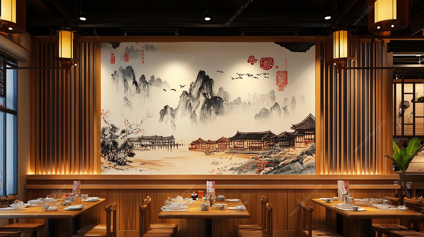 中式餐厅山水壁画装饰