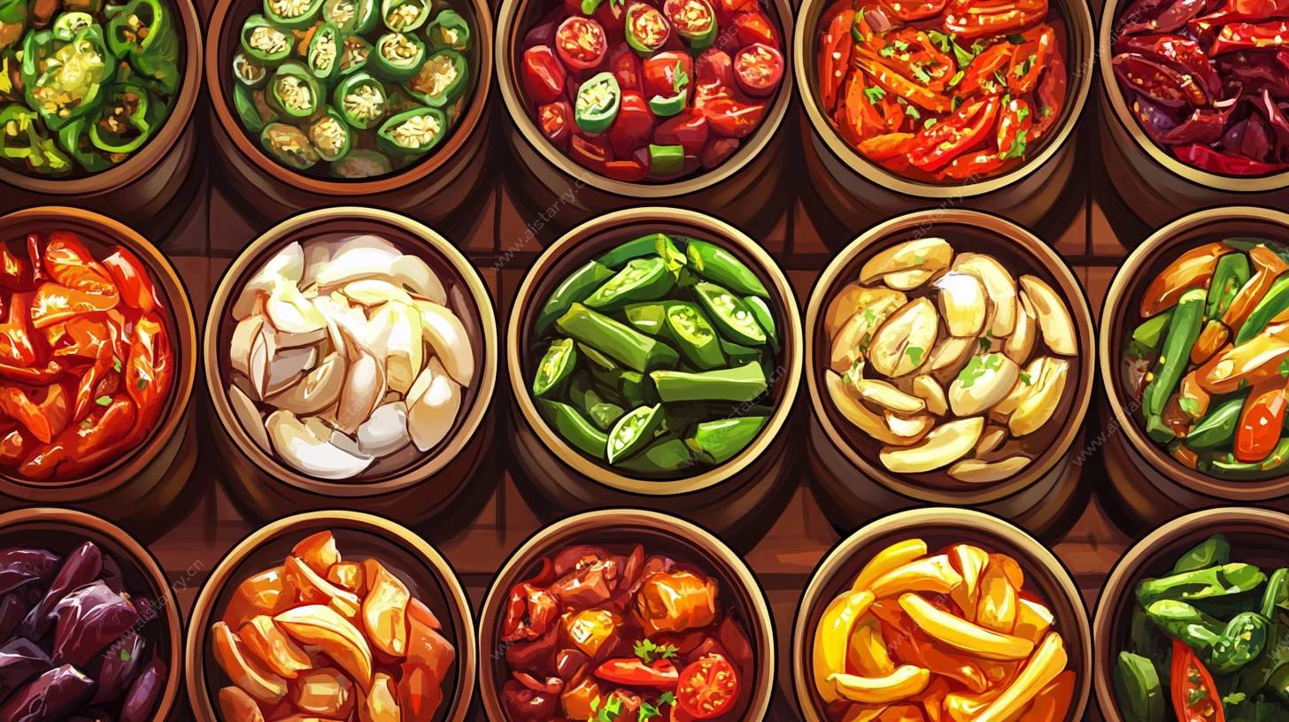 多彩腌制蔬菜碗陈列