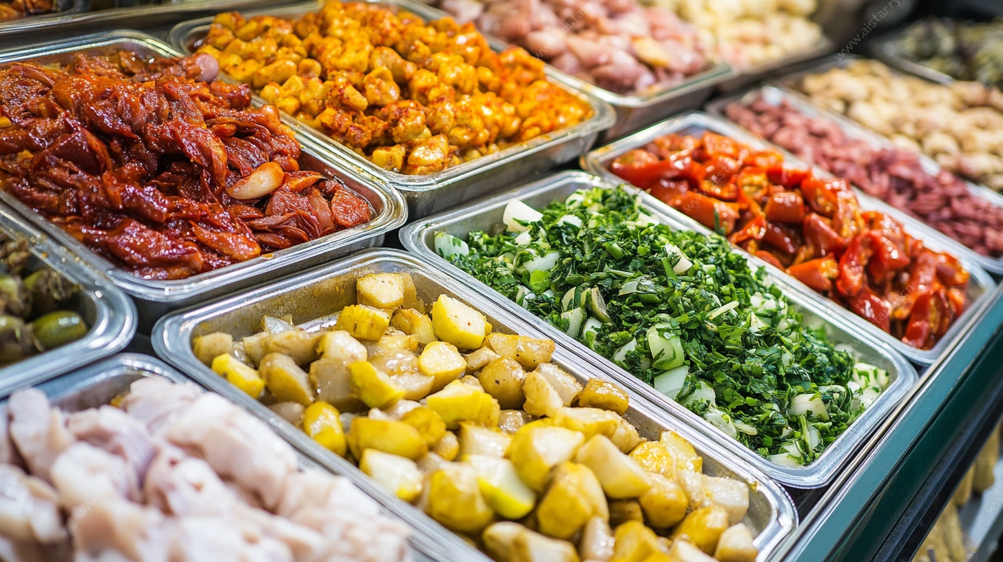 超市熟食区丰富食材陈列