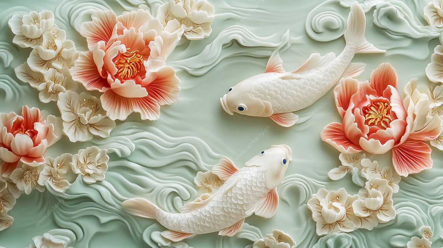 锦鲤戏牡丹浮雕装饰画