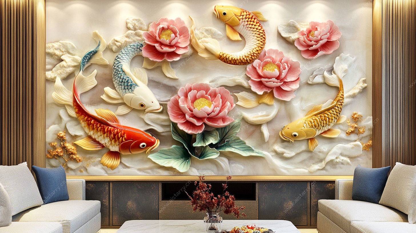 中式锦鲤荷花浮雕电视背景墙