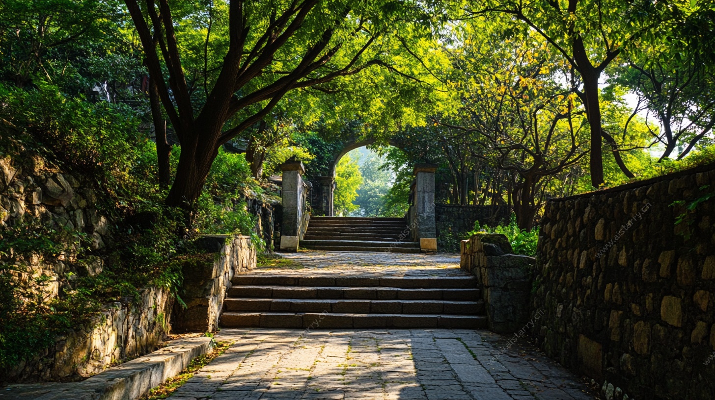 林间石径通往拱形门