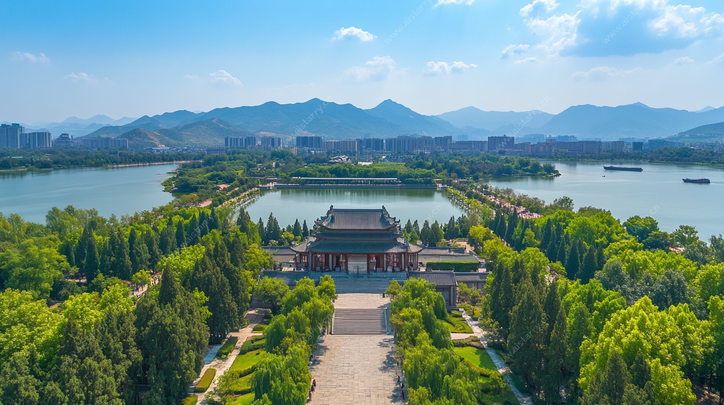 湖畔古建筑风光鸟瞰图