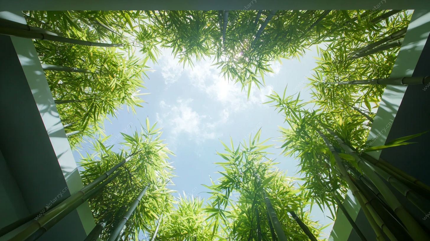 仰观翠竹蓝天之景