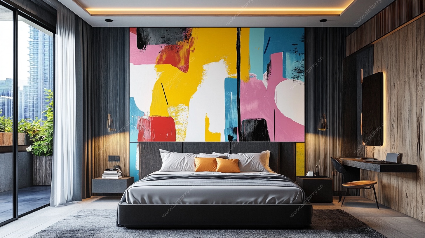 现代卧室的多彩艺术墙饰