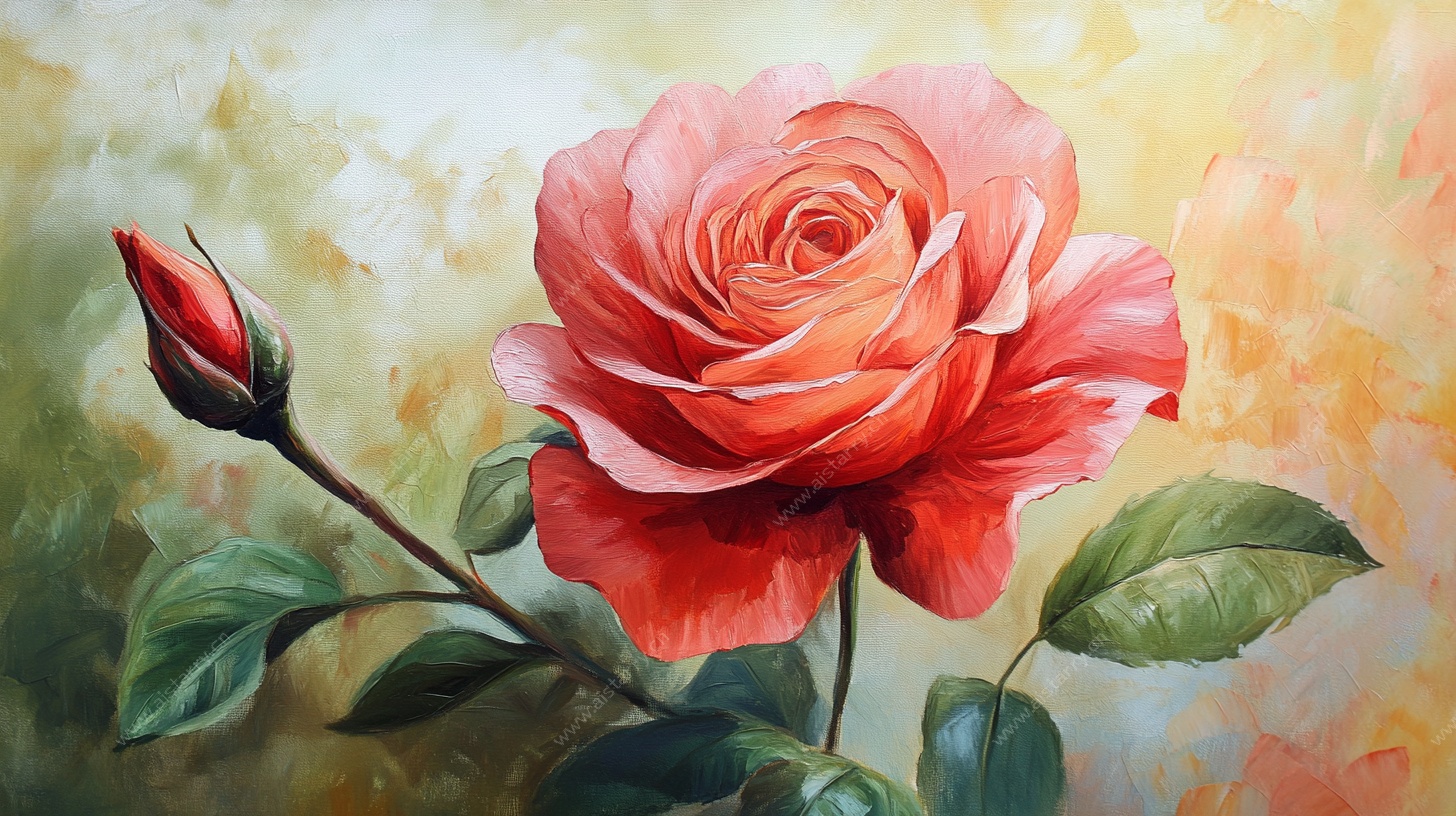 油画风单枝艳红玫瑰花