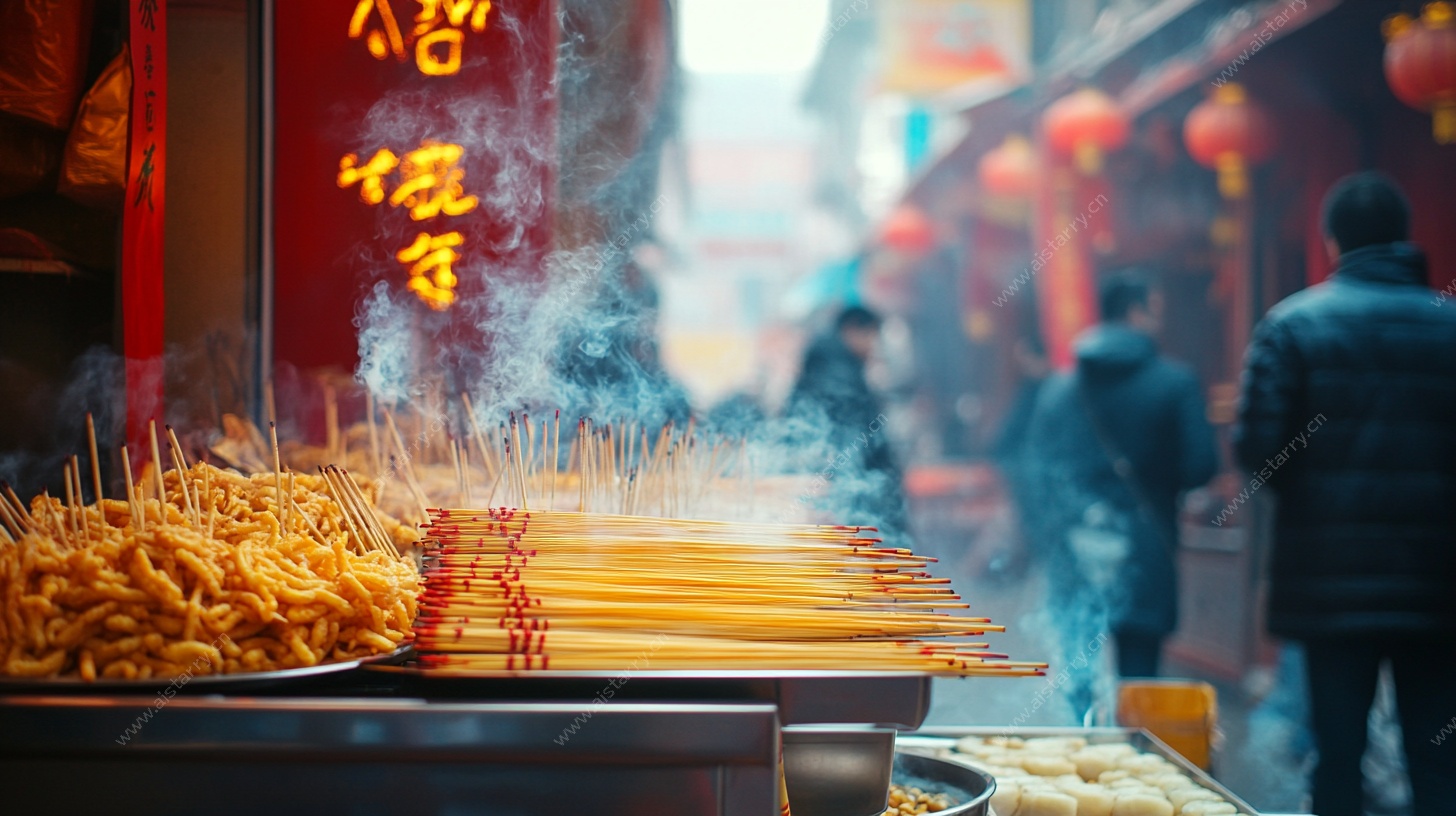 街头热气腾腾的美食串串摊