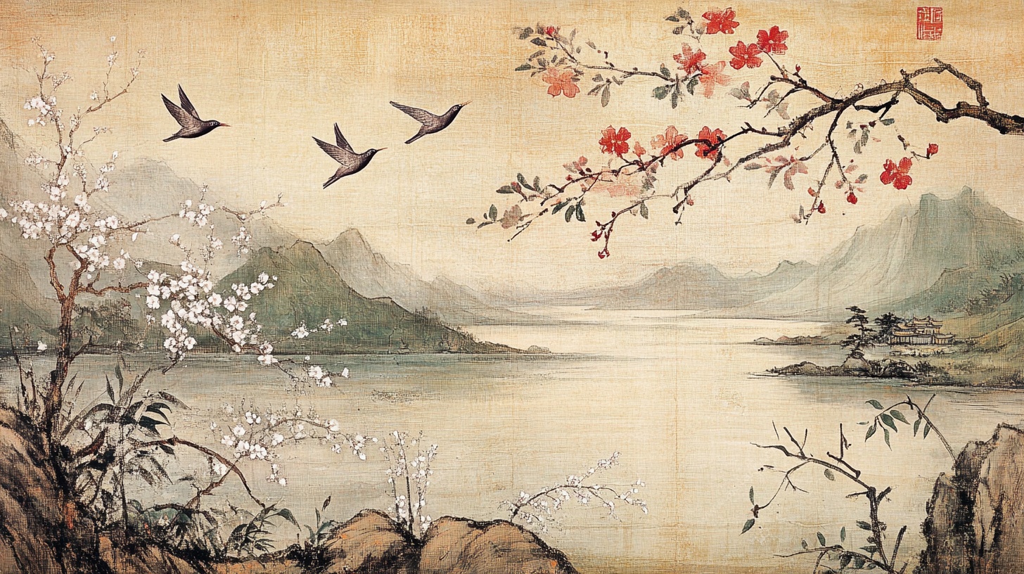 春日山水花鸟国画意境图