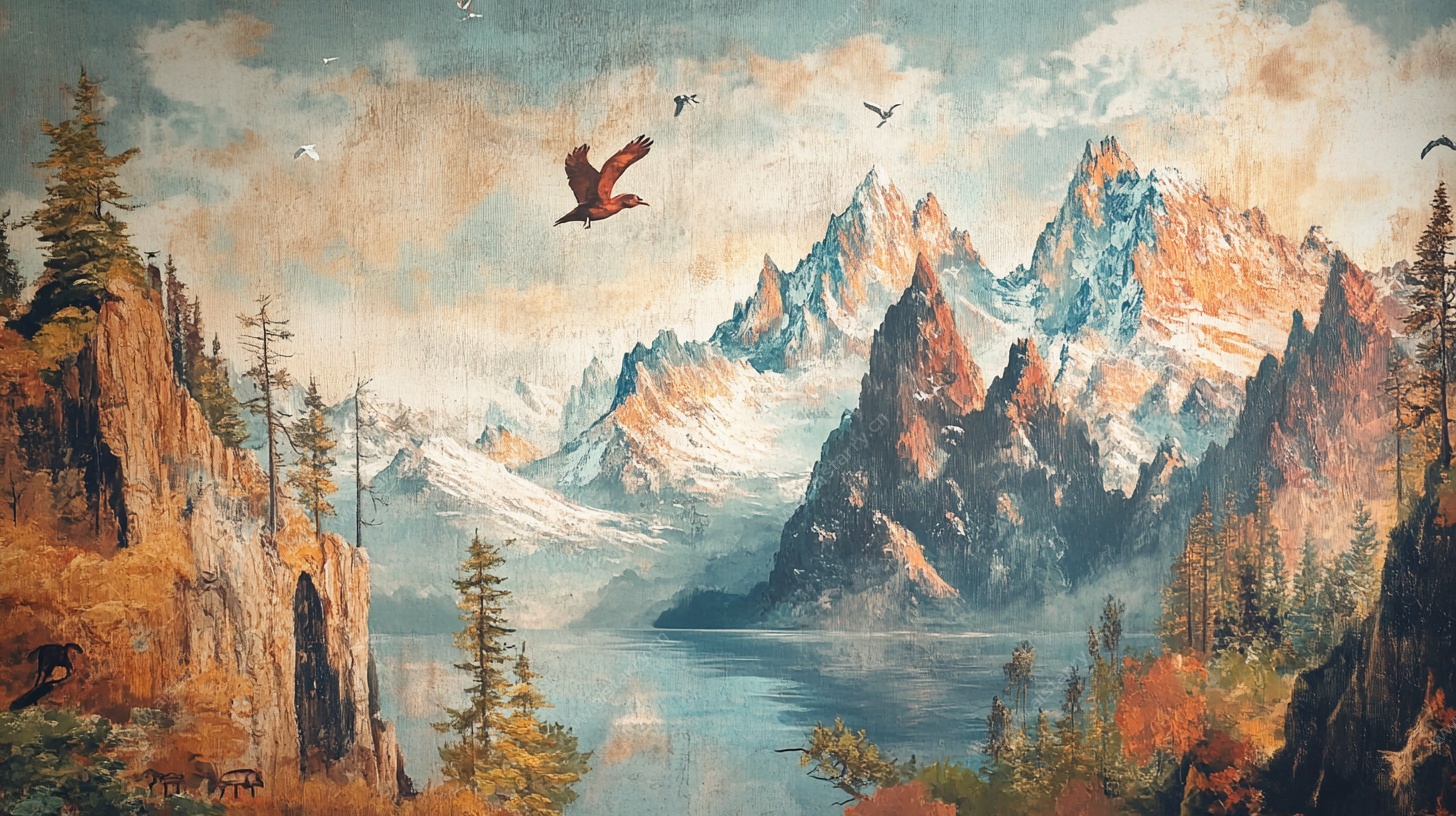 秋日高山飞鸟壮丽风景图