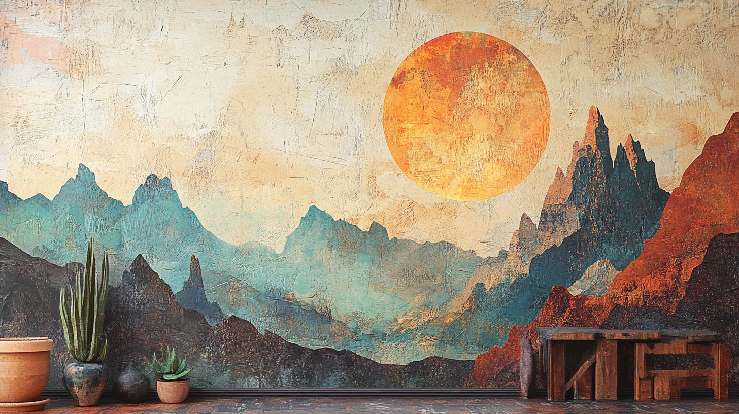 山川落日墙绘装饰图