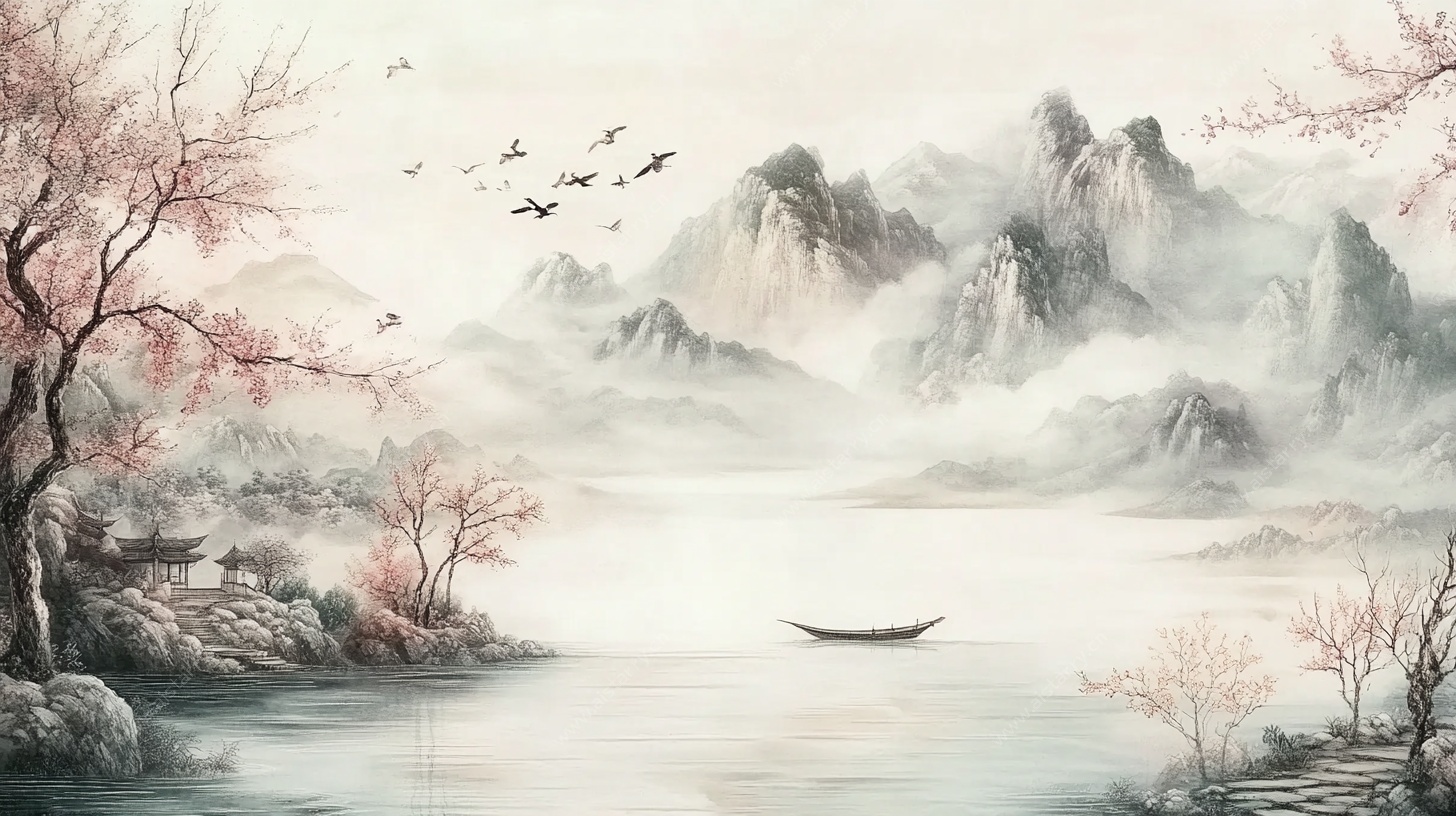 水墨山水孤舟图