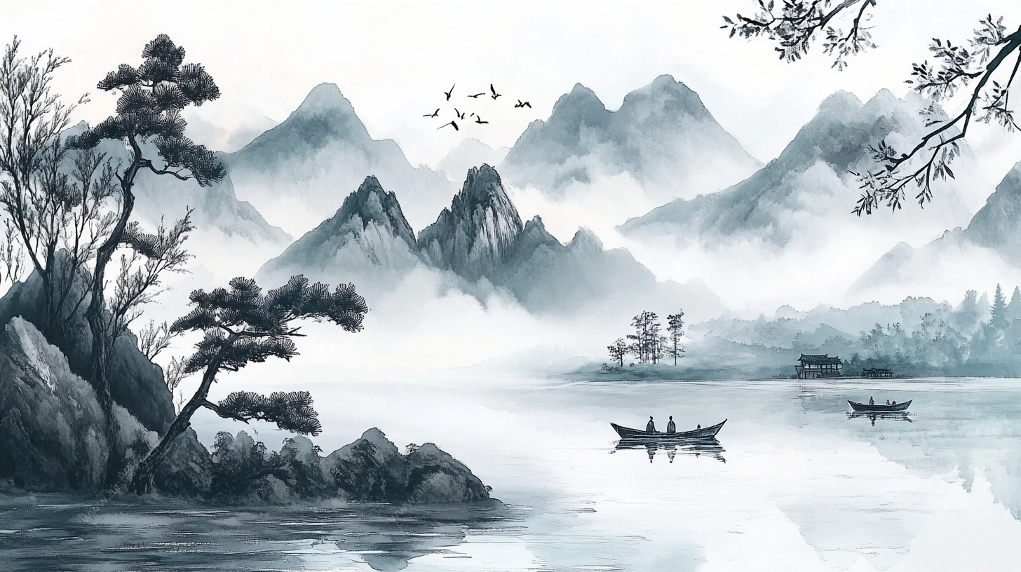水墨山水泛舟图