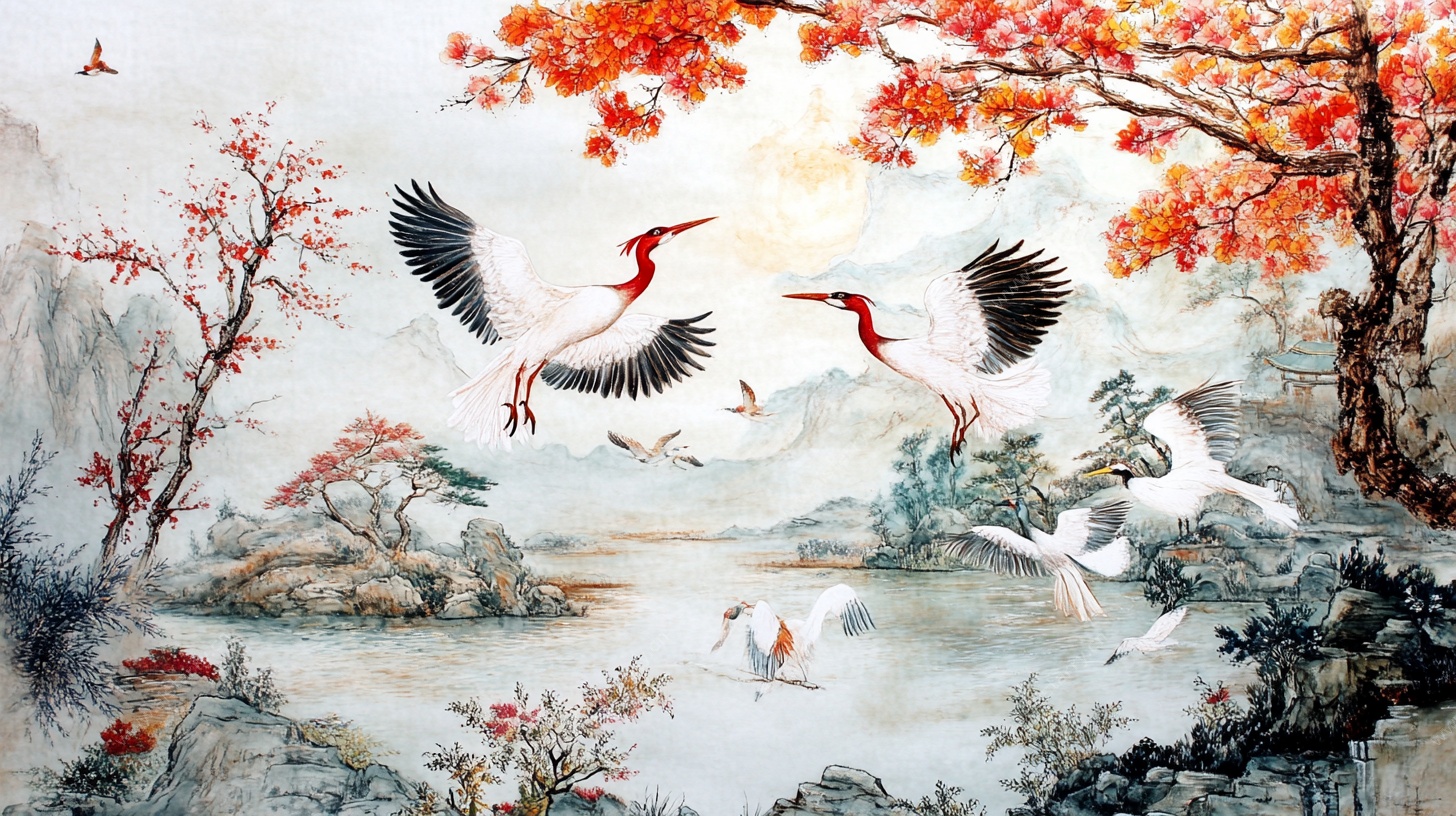 丹顶鹤翱翔山水国画图
