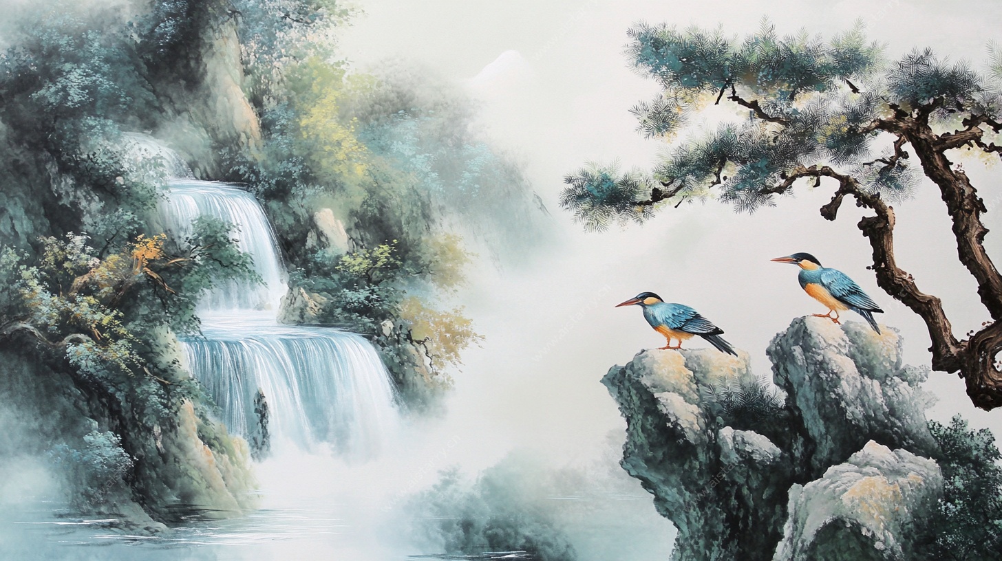 山水间双鸟栖石图