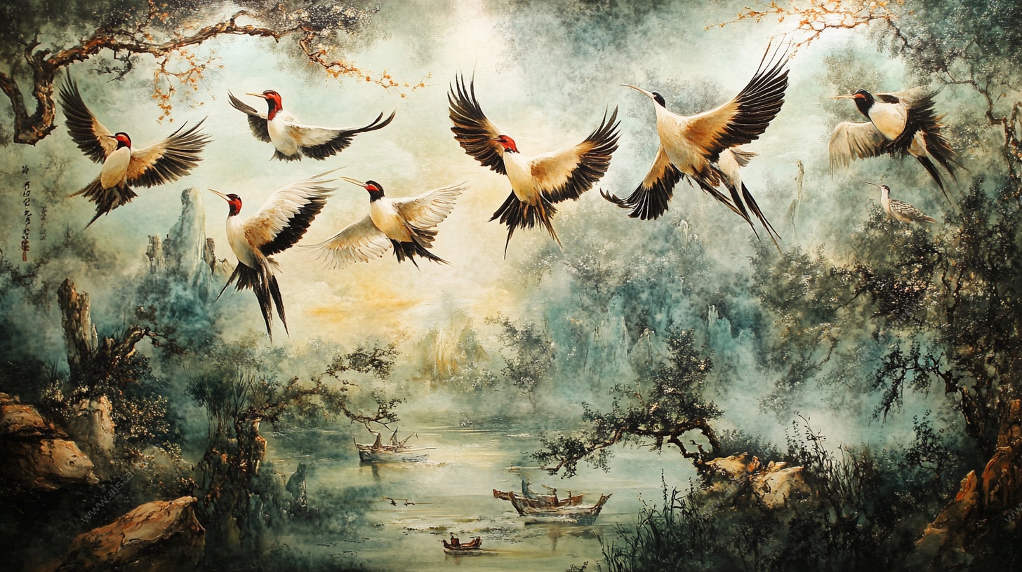 群鹤翱翔山水间