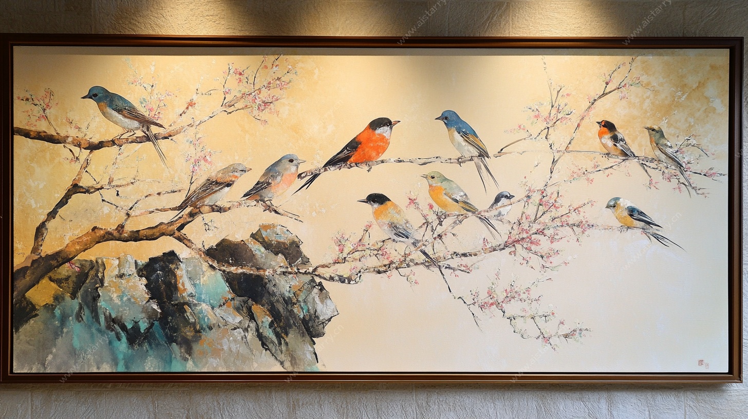 枝头群鸟国画图