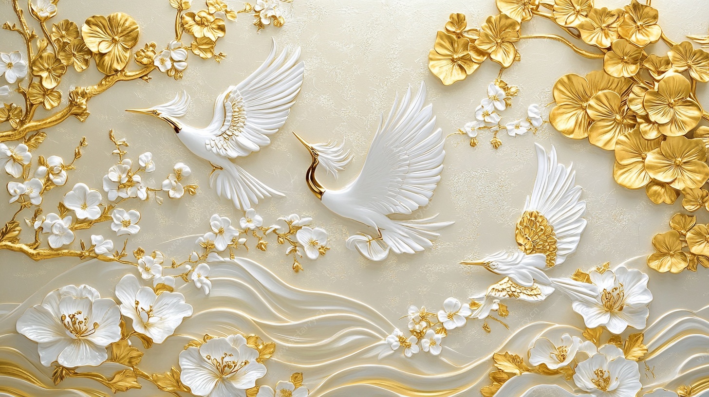 金白浮雕仙鹤花卉艺术图