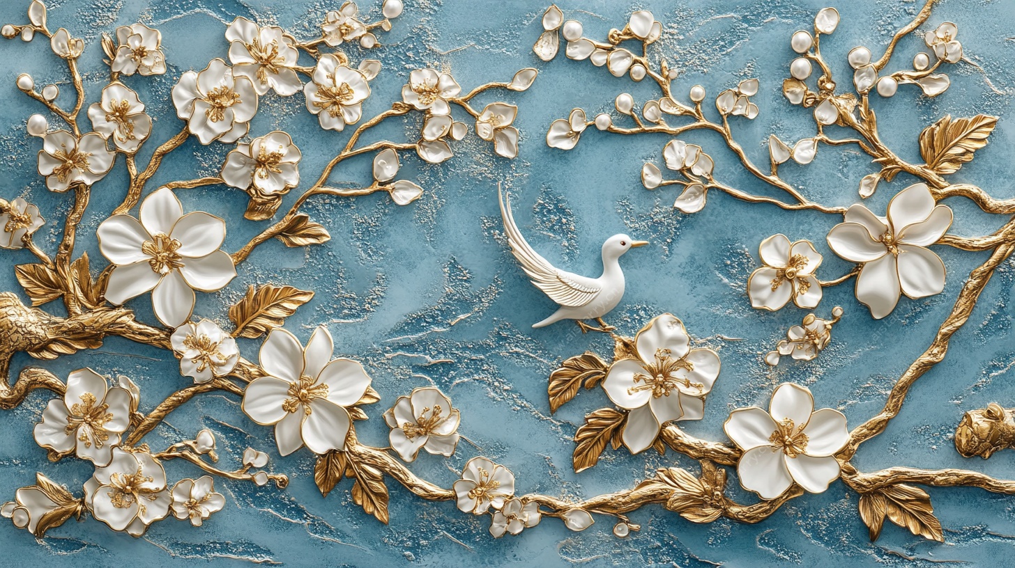 蓝底金白花卉飞鸟浮雕