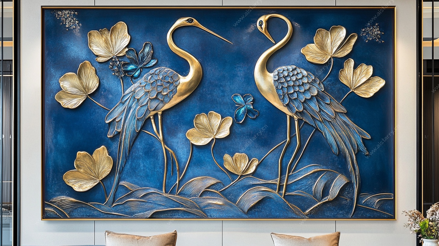 蓝金双鹤浮雕壁画