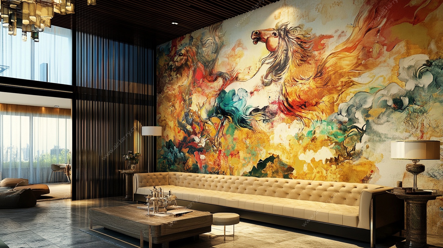 中式客厅的绚丽壁画装饰