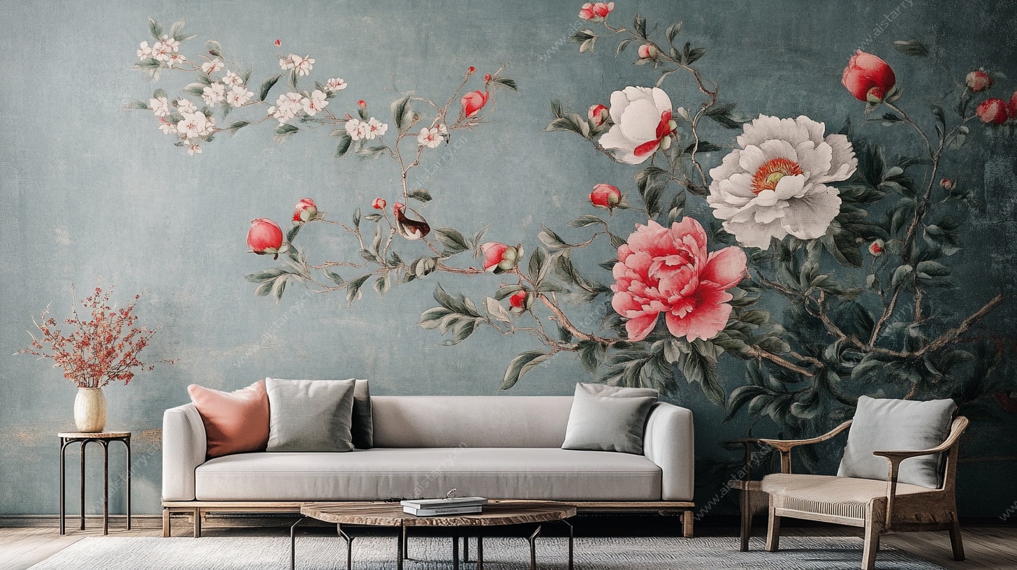 中式花鸟壁画客厅场景