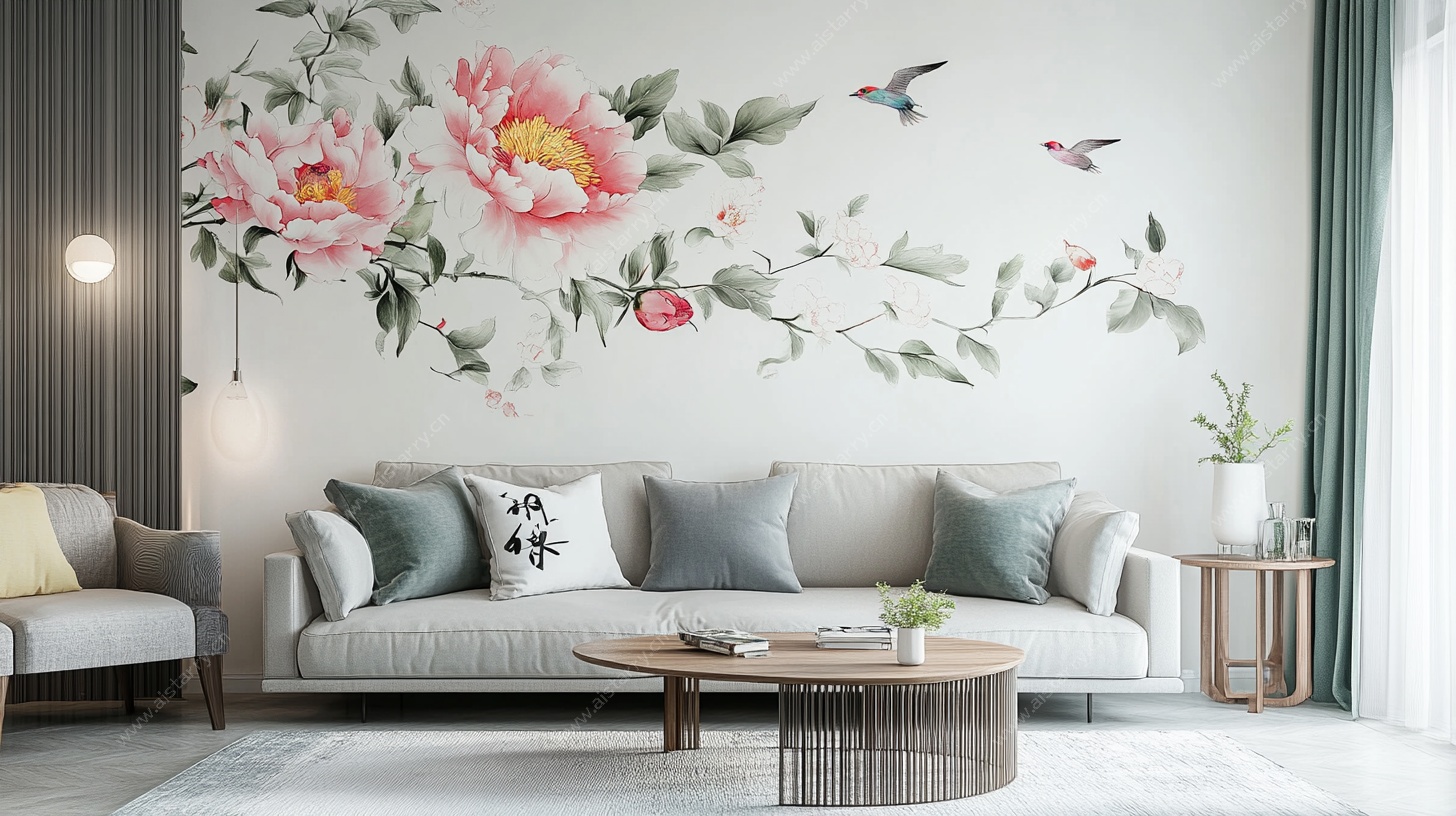中式客厅花卉壁画沙发区