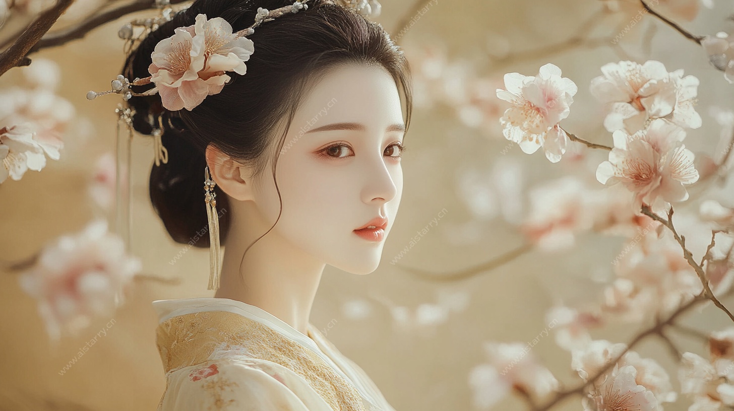 古风佳人赏春花图