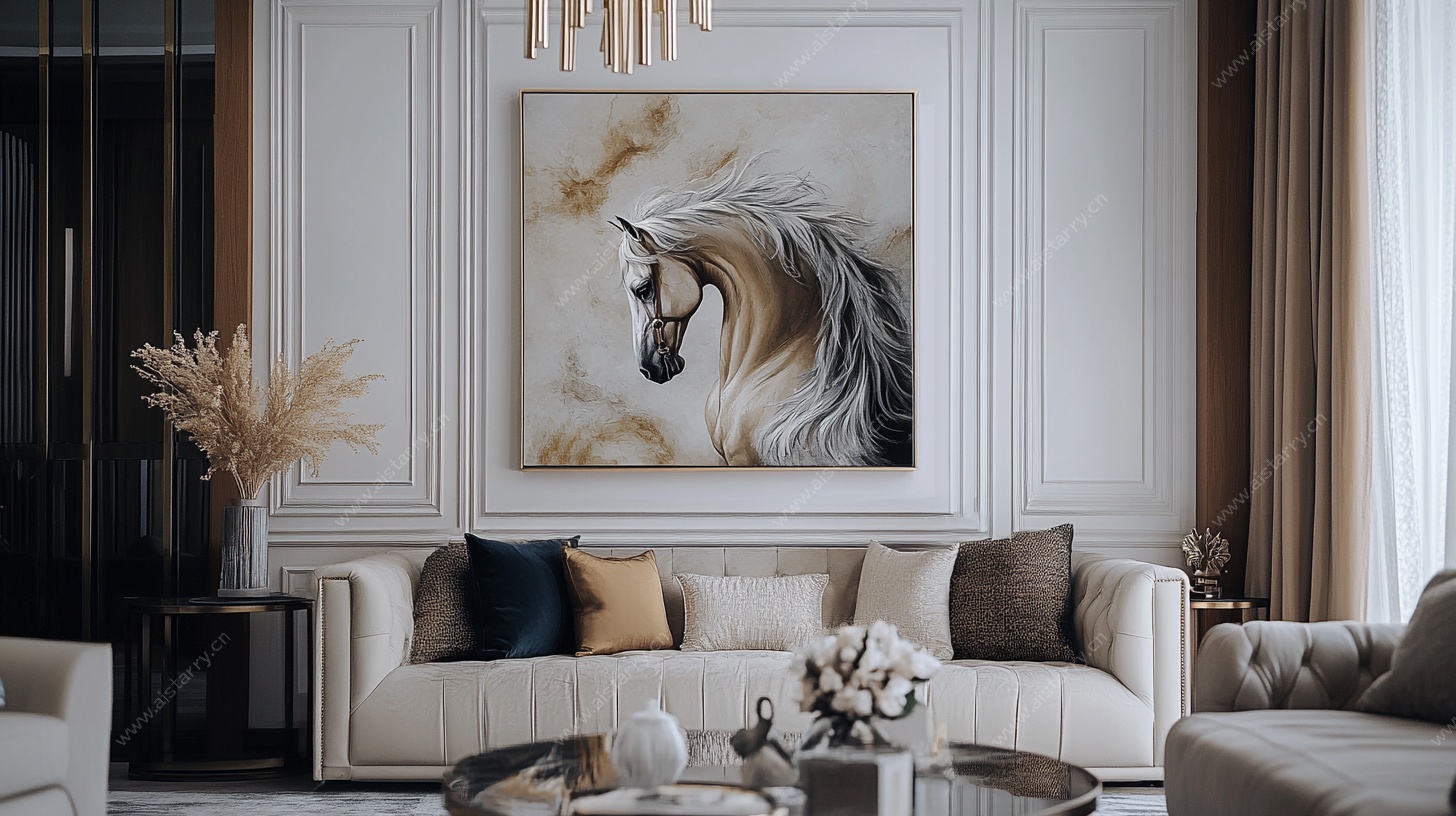 现代客厅中的骏马装饰画