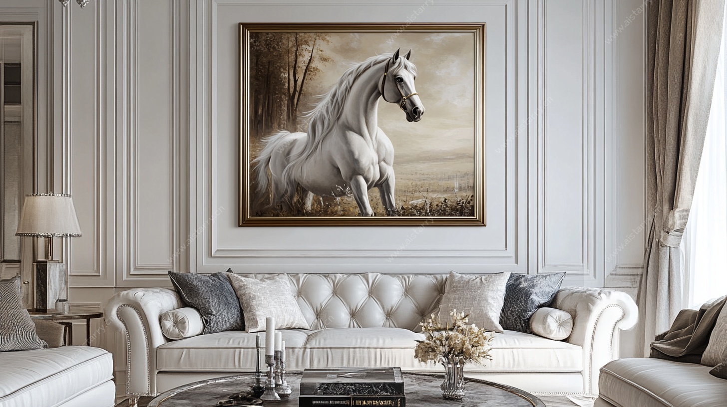 客厅中优雅的白马挂画
