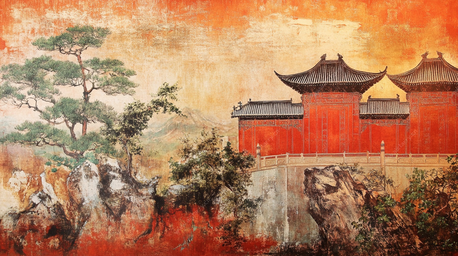 古风红墙楼阁山林图景