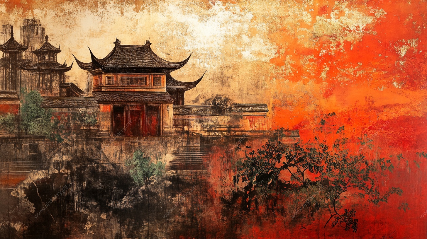 古风中式楼阁梦幻背景图