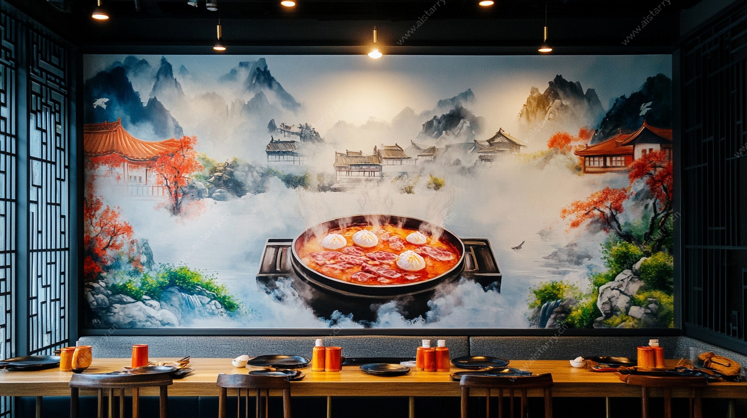 中式火锅餐厅山水主题壁画