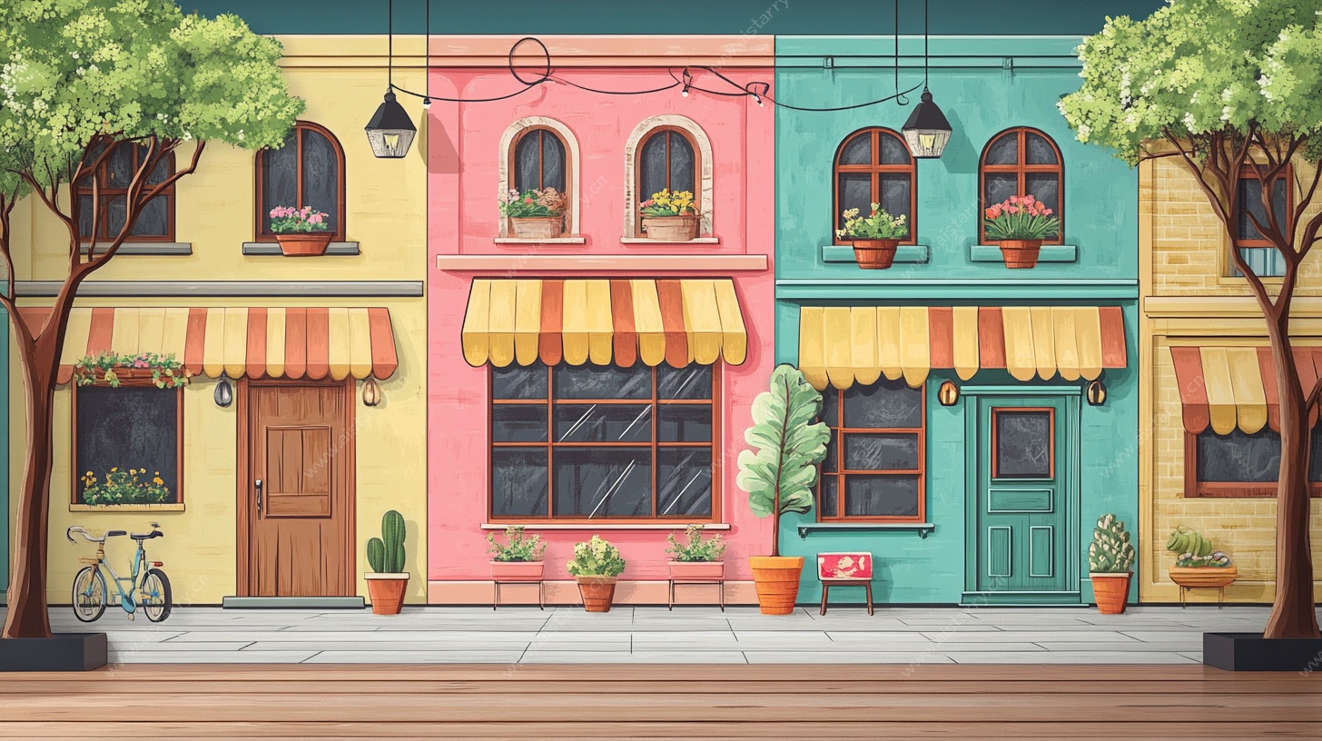 多彩街边商铺插画场景