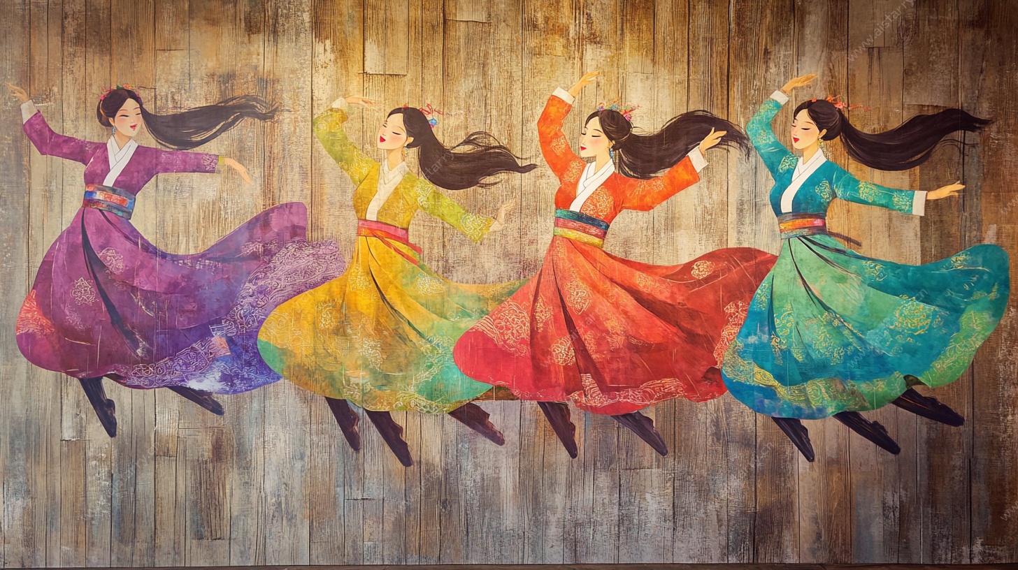 四位舞者飞扬彩裙舞动瞬间