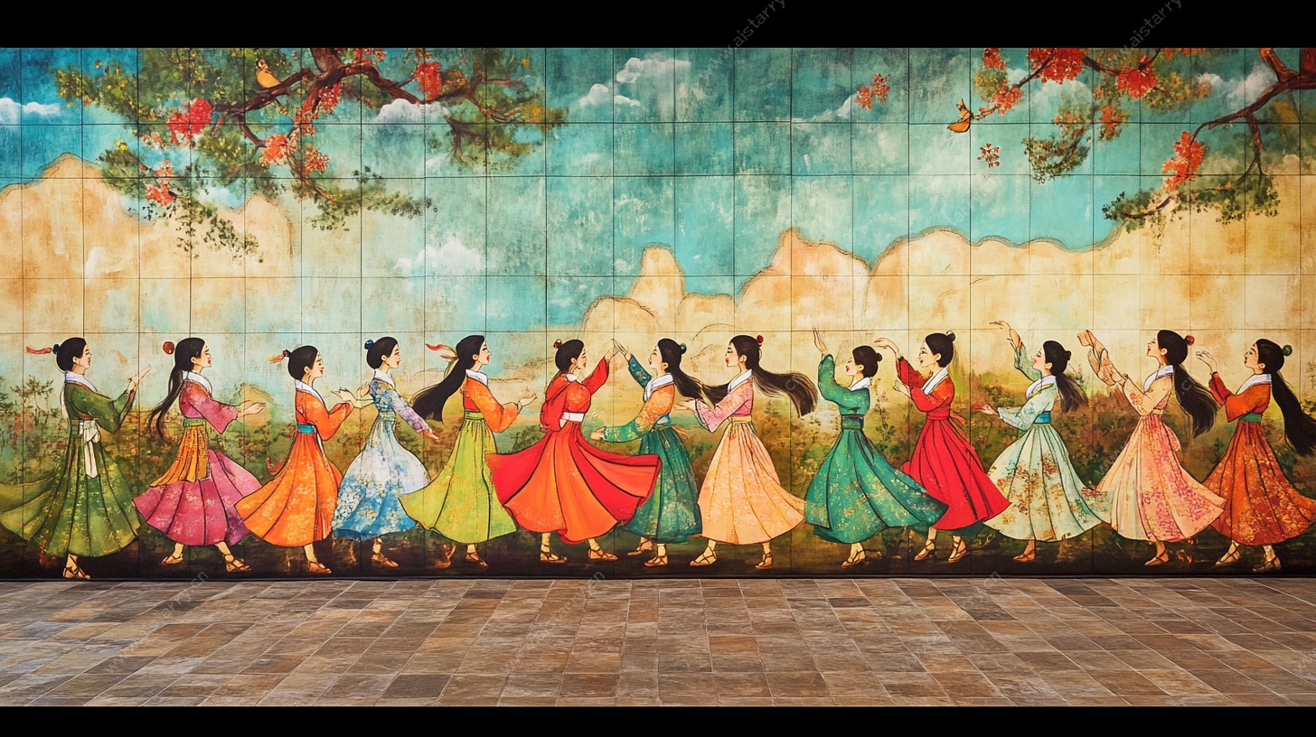 古典舞群像壁画风格表演图