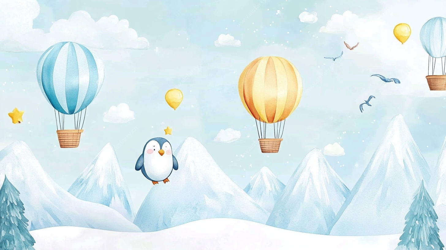 企鹅乘热气球雪山飞行图