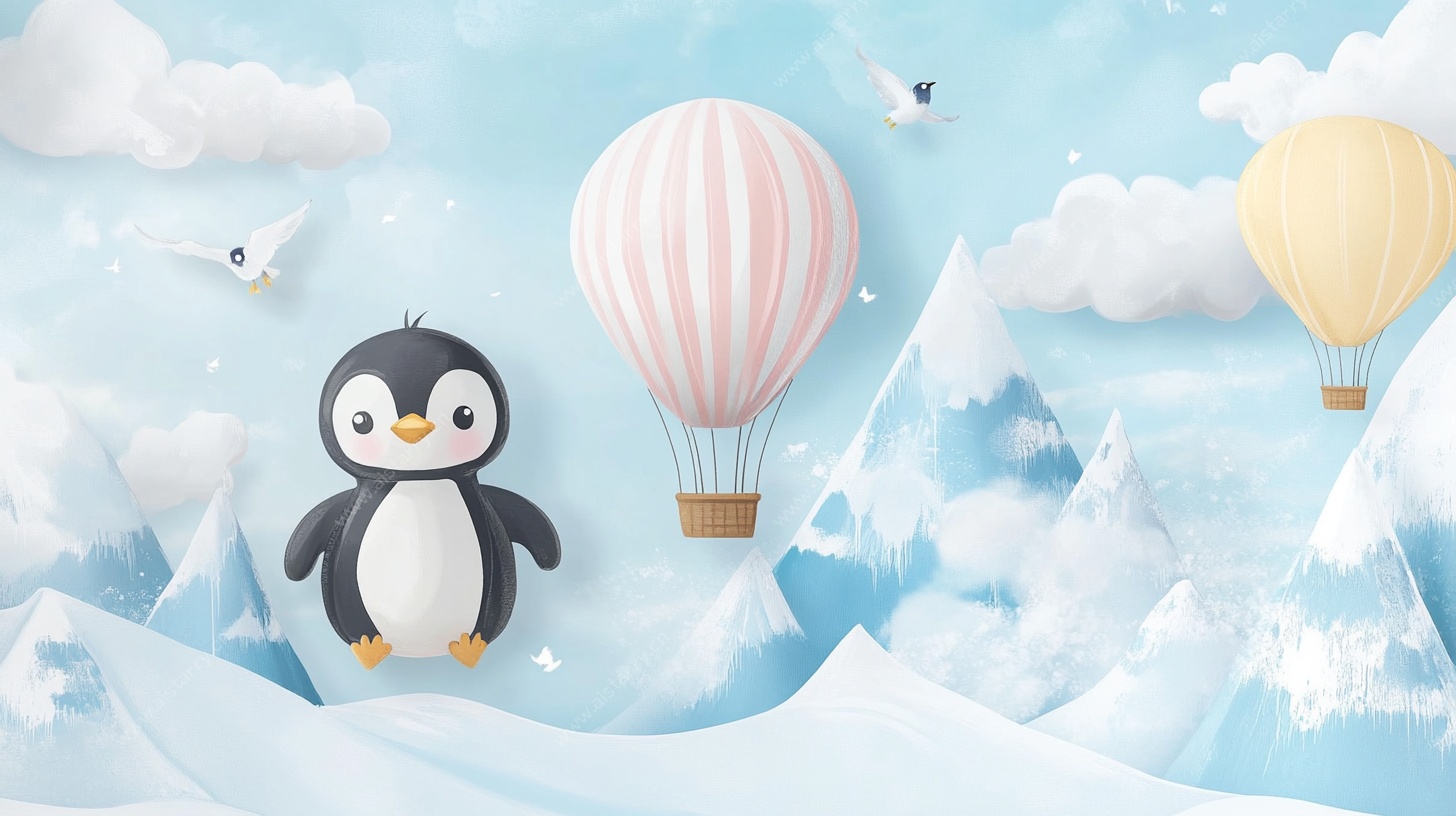 雪地企鹅与热气球奇幻景