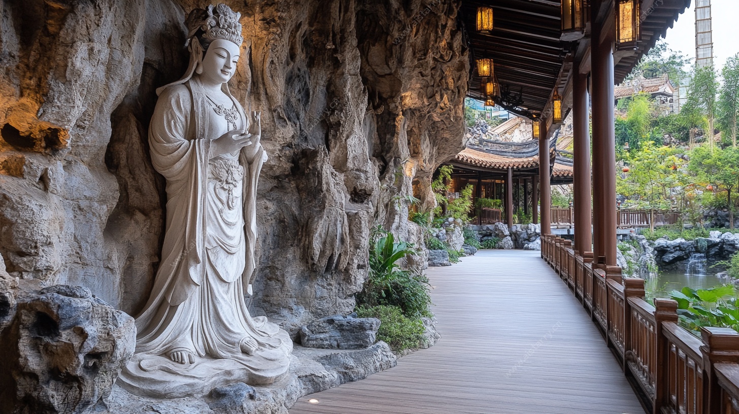 石窟像旁的古风长廊