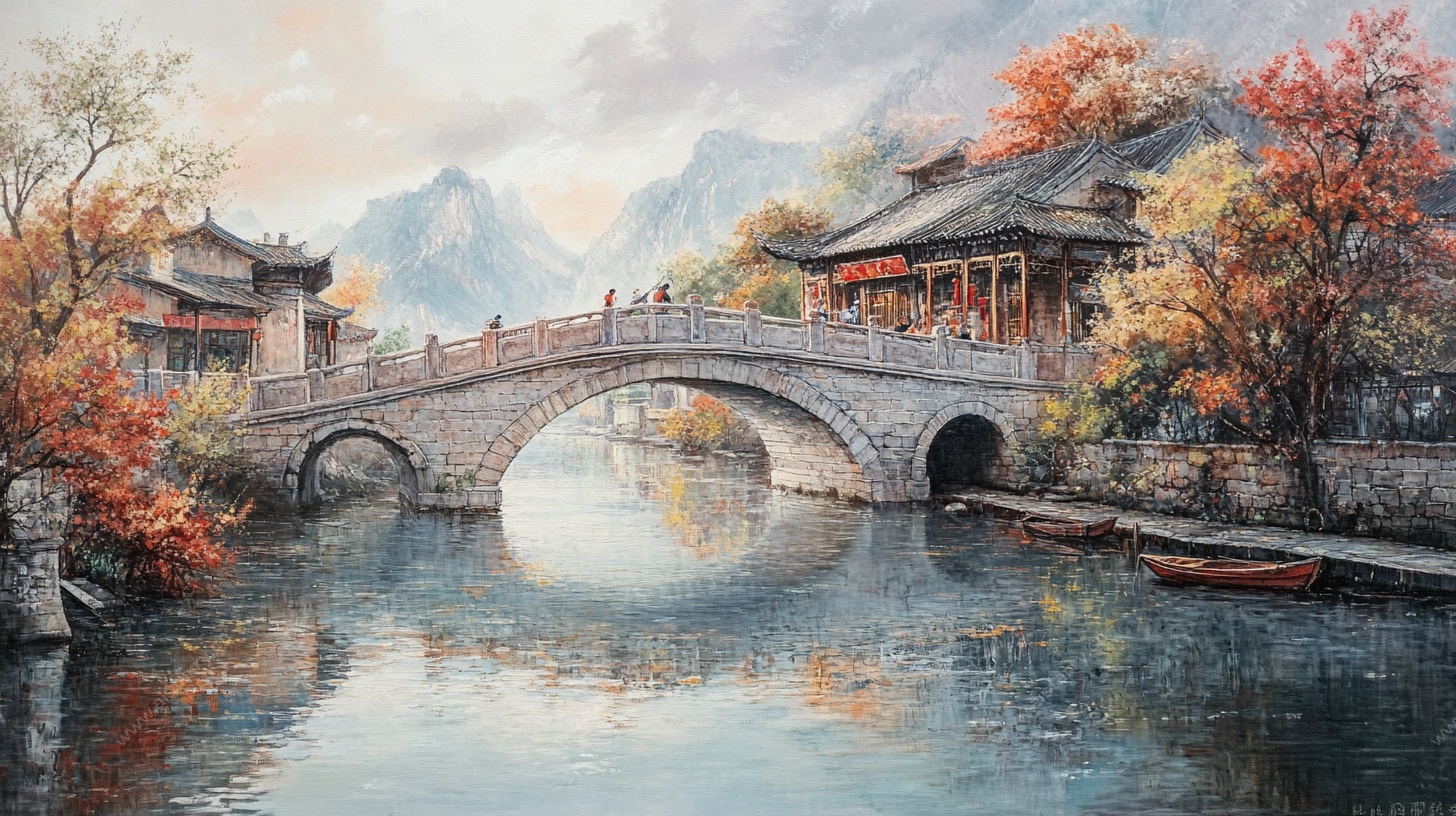 秋景中式古桥水乡风光图
